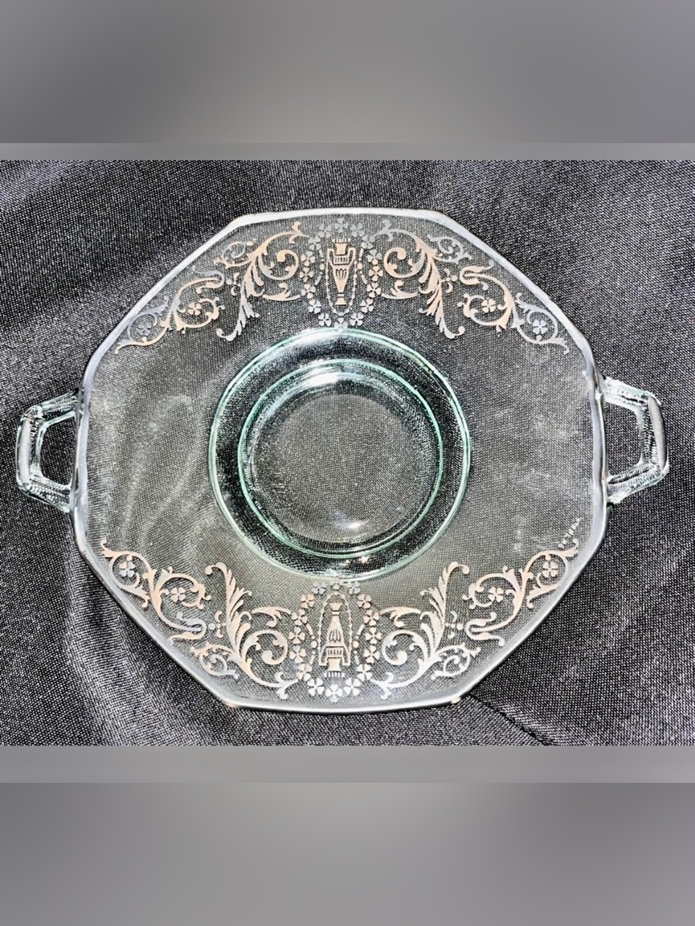 VTG 1920-1940 Octagonal 8" Glass Platter Sterling Silver Floral Overlay Art Deco